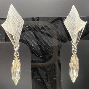 Vintage Sterling Silver Earrings Rhinestone Dangling Screw Back MCM 1" 4g